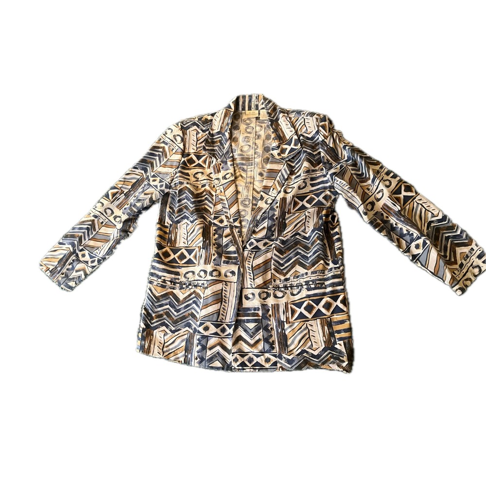 Vintage Womens Geometric Tribal Print Blazer Blue Tan Flax Blend Sz M Artsy Chic